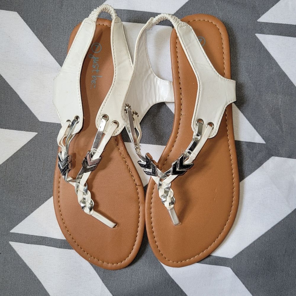 Just be size 7 womens thong white silver metallic braided charm sandals